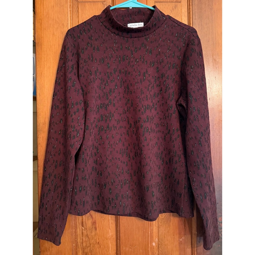 Ophelia Roe XL Burgundy Black Metallic Mock Neck Long Sleeve Textured Top